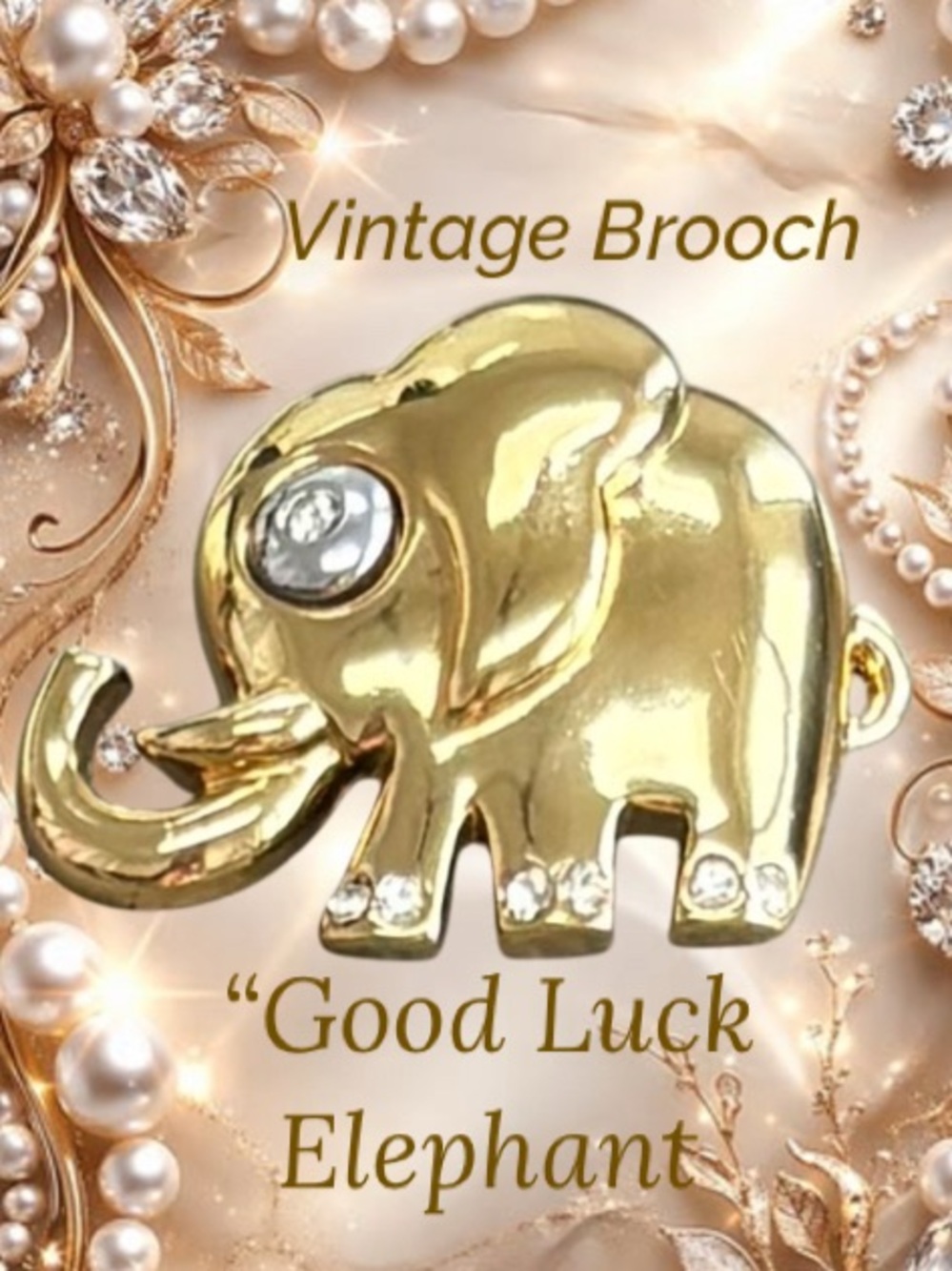 Vintage Gold Trunk Up Elephant Brooch Good Luck Prosperity Charm Pin Statement
